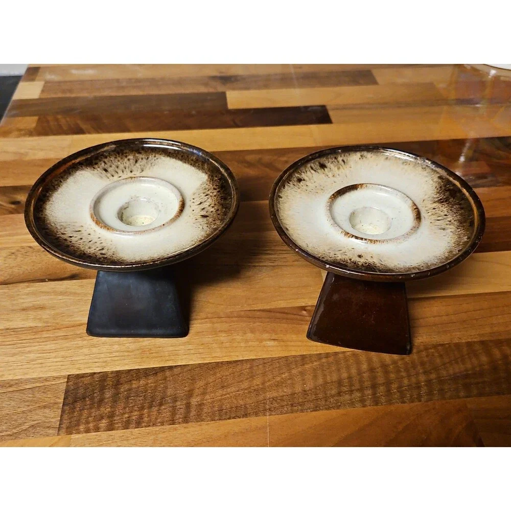 Set Of 2 Vintage MCM Dark Brown Glazed Pottery Taper Holders Candle Holders